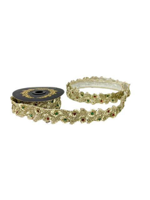 Metallic gold jeweled flower and leaf trim ribbon with red and green accents on a spool.