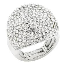 Silver-tone pave cluster stretch ring featuring a dome of clear rhinestones.