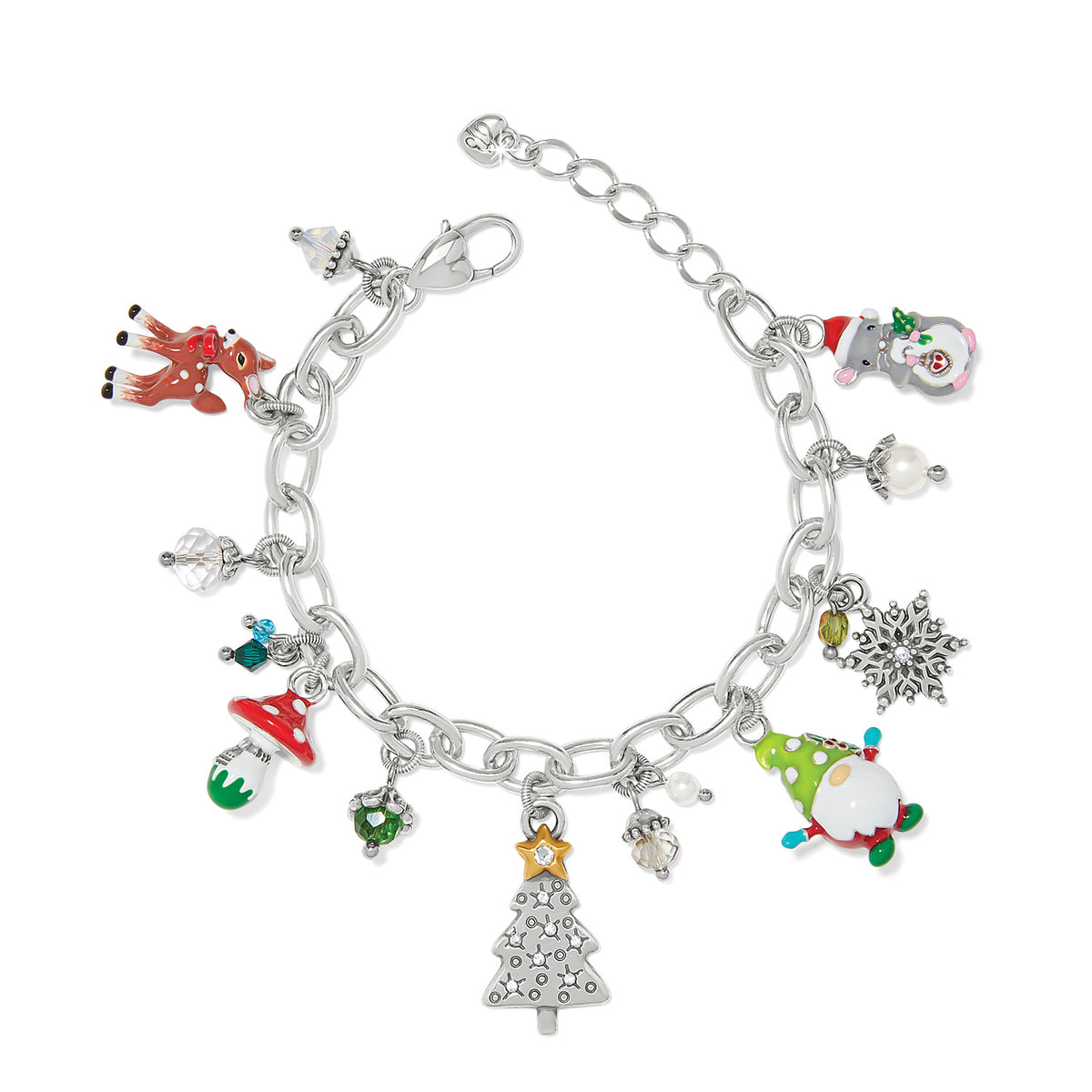 Silver-plated Christmas forest charm bracelet with multi-colored crystals on an adjustable lobster claw closure.