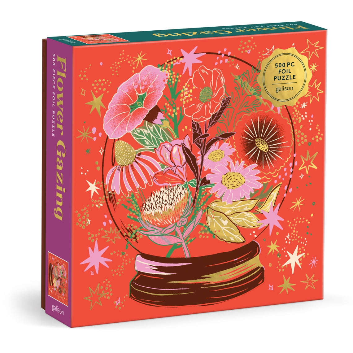 Flower Gazing foil puzzle box featuring a crystal ball with flowers surrounded by stars and sparkles.