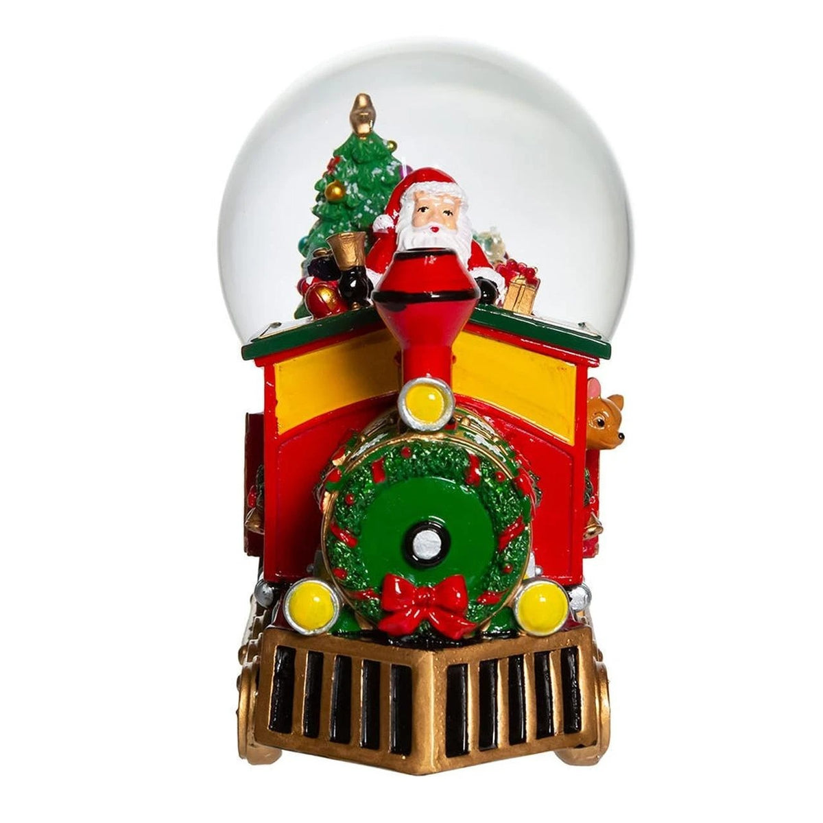 Musical water globe featuring Santa driving a red and yellow train with a Christmas tree inside.